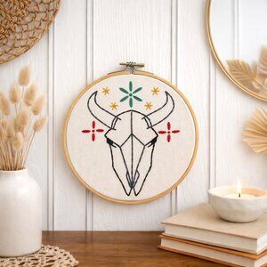 Prairie + Mason Embroidered Longhorn Skull Wall Art NWT Southwestern Hoop